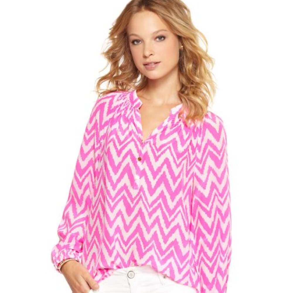 Lilly Pulitzer Elsa Silk Top Blouse Women S Chevron Pink Barbie Resort Preppy